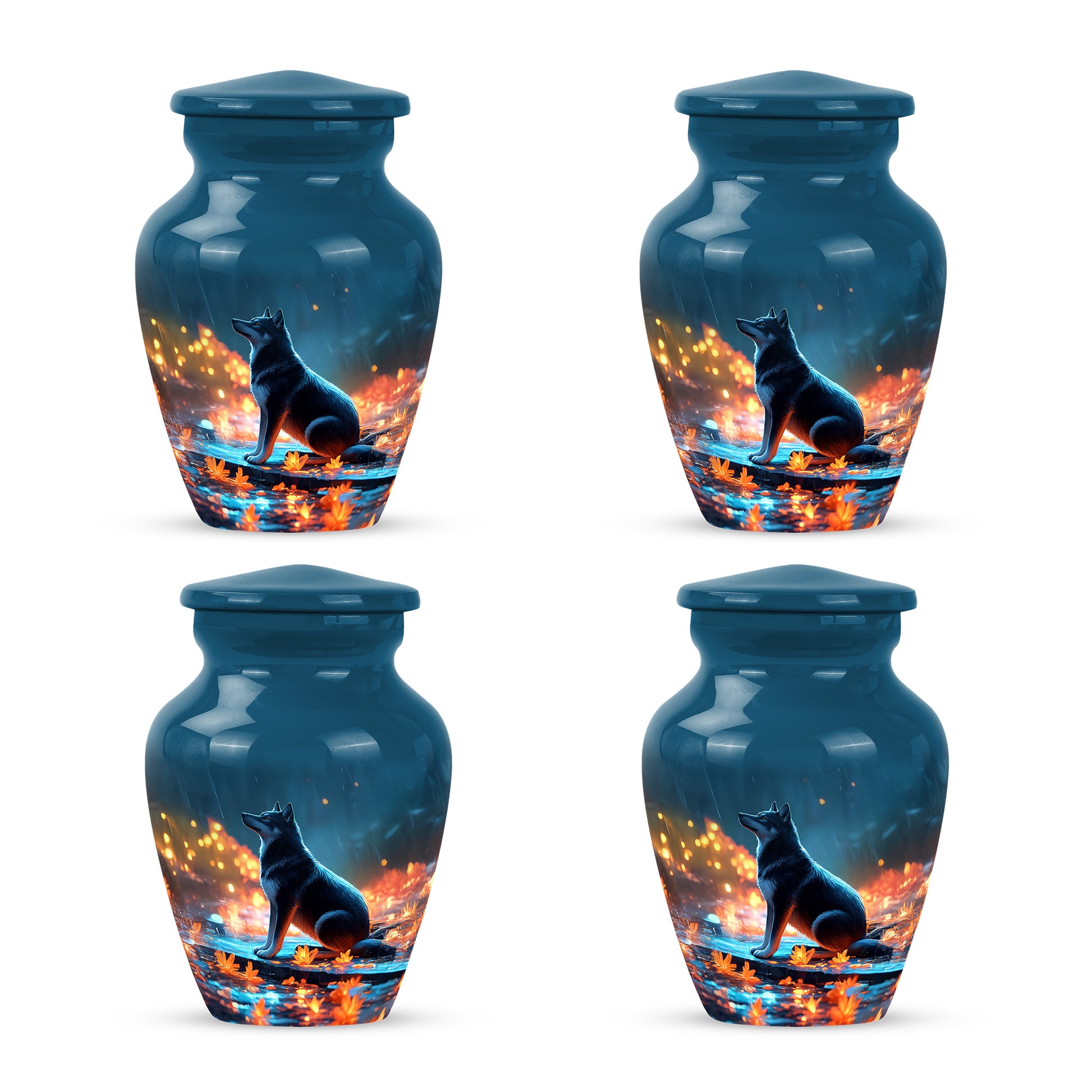 Sky Blue Dog Cremation Urn side profile showing urn shape - classic sculpted dog pattern on smooth aluminum - 10 inch aluminum urn for cremated remains