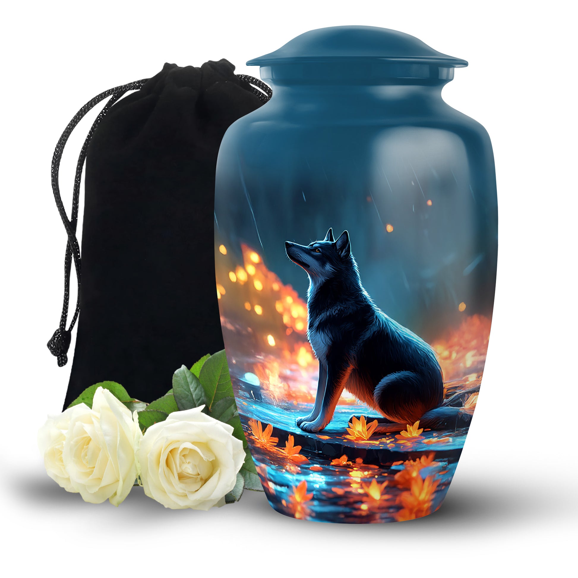 Dusty Blue Dog Cremation Urn angled view of lid and engraved motif - classic sculpted dog pattern on smooth aluminum - full-size 10 inch 200 cubic inch adult cremation urn
