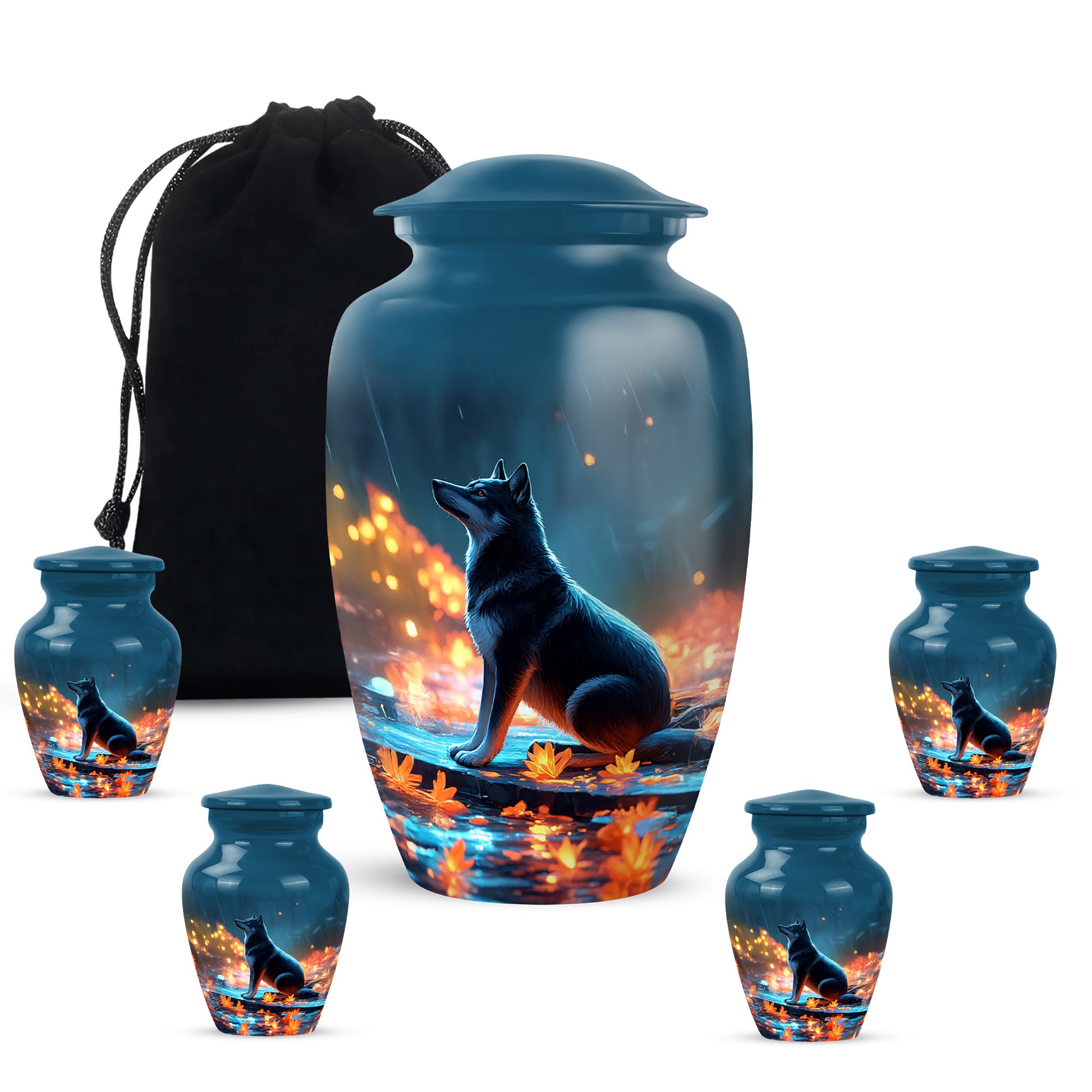 Soft Blue Dog Cremation Urn top-down view of secure threaded lid - traditional dog engraving with hand-polished finish - memorial set with one large and four small urns