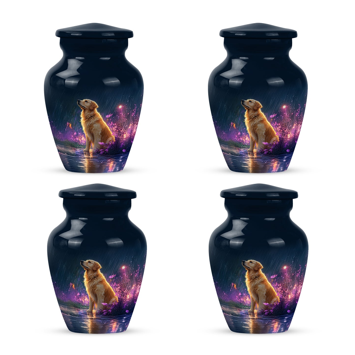 Royal Blue Dog Cremation Urn side profile showing urn shape - traditional dog engraving with hand-polished finish - 10 inch aluminum urn for cremated remains
