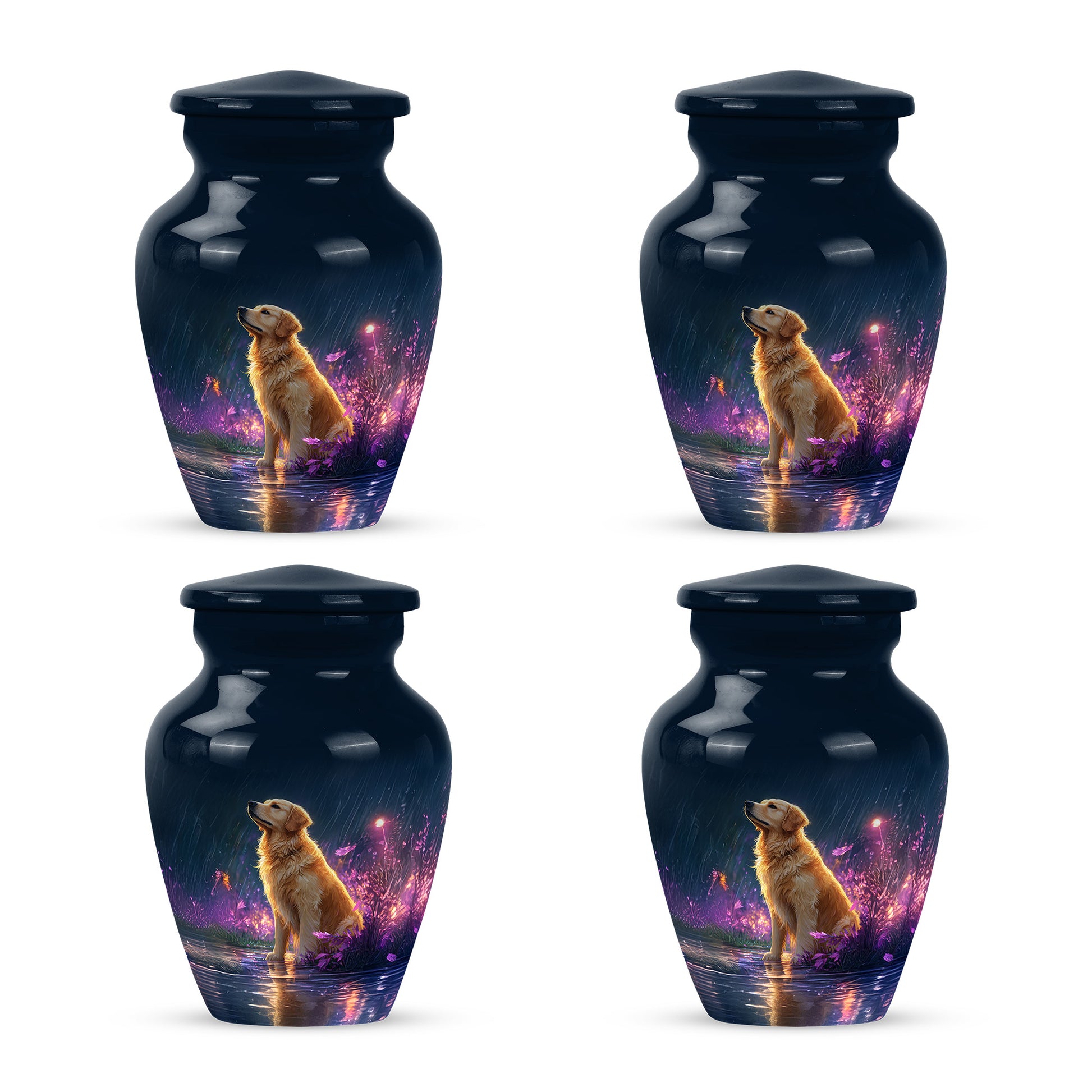 Royal Blue Dog Cremation Urn side profile showing urn shape - traditional dog engraving with hand-polished finish - 10 inch aluminum urn for cremated remains