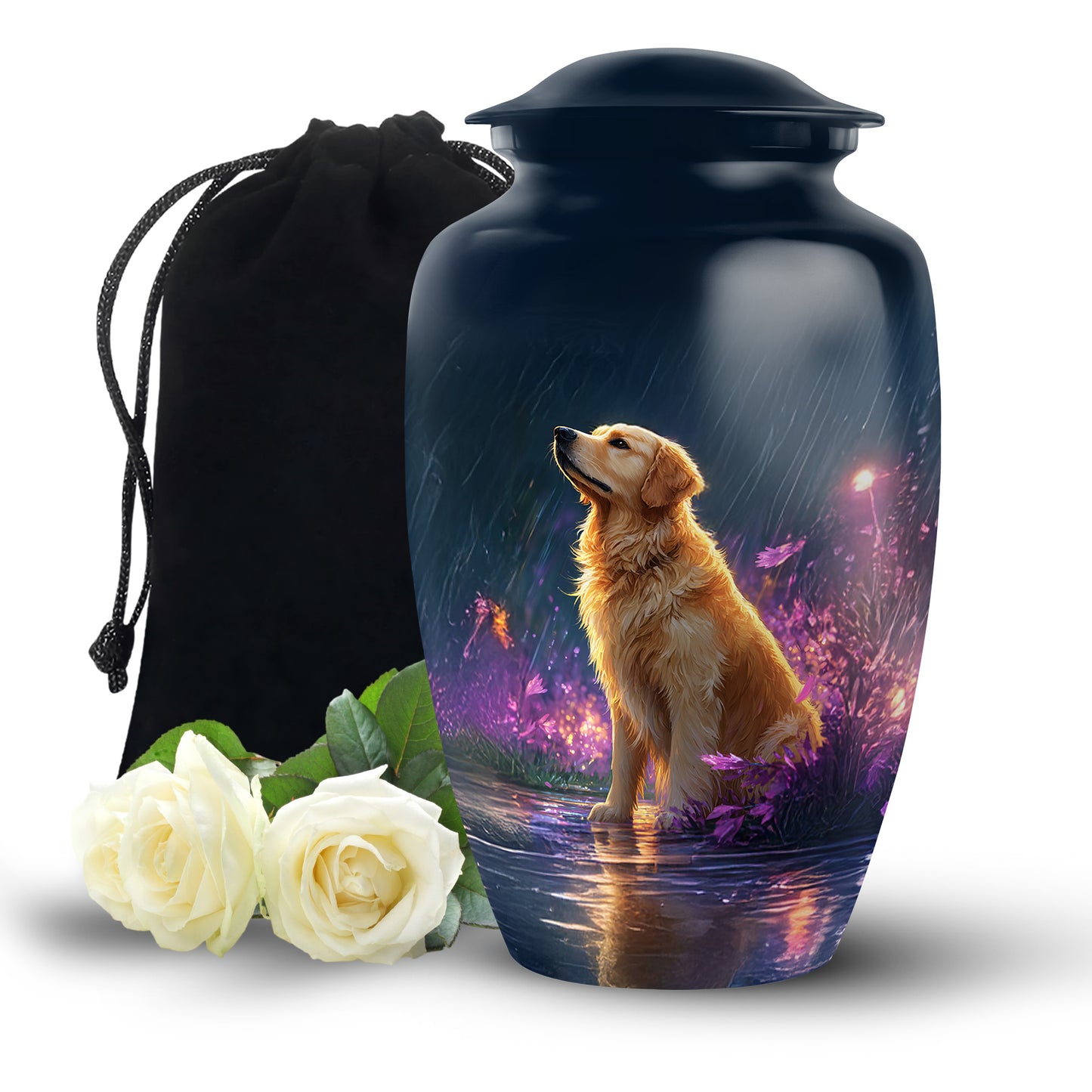Navy Blue Dog Cremation Urn angled view of lid and engraved motif - timeless dog motif etched into premium metal - full-size 10 inch 200 cubic inch adult cremation urn
