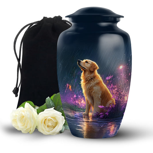 Navy Blue Dog Cremation Urn angled view of lid and engraved motif - timeless dog motif etched into premium metal - full-size 10 inch 200 cubic inch adult cremation urn
