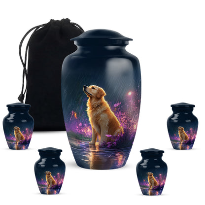 Vivid Blue Dog Cremation Urn top-down view of secure threaded lid - elegant classic dog relief with fine detailing - memorial set with one large and four small urns