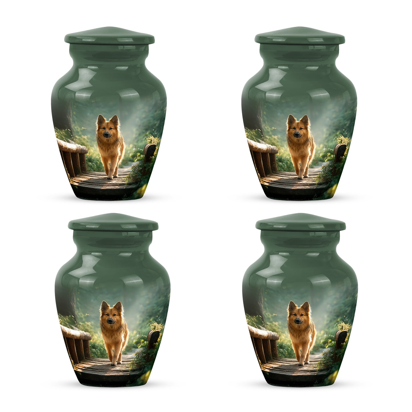 Jade Green Dog Cremation Urn side profile showing urn shape - classic sculpted dog pattern on smooth aluminum - 10 inch aluminum urn for cremated remains