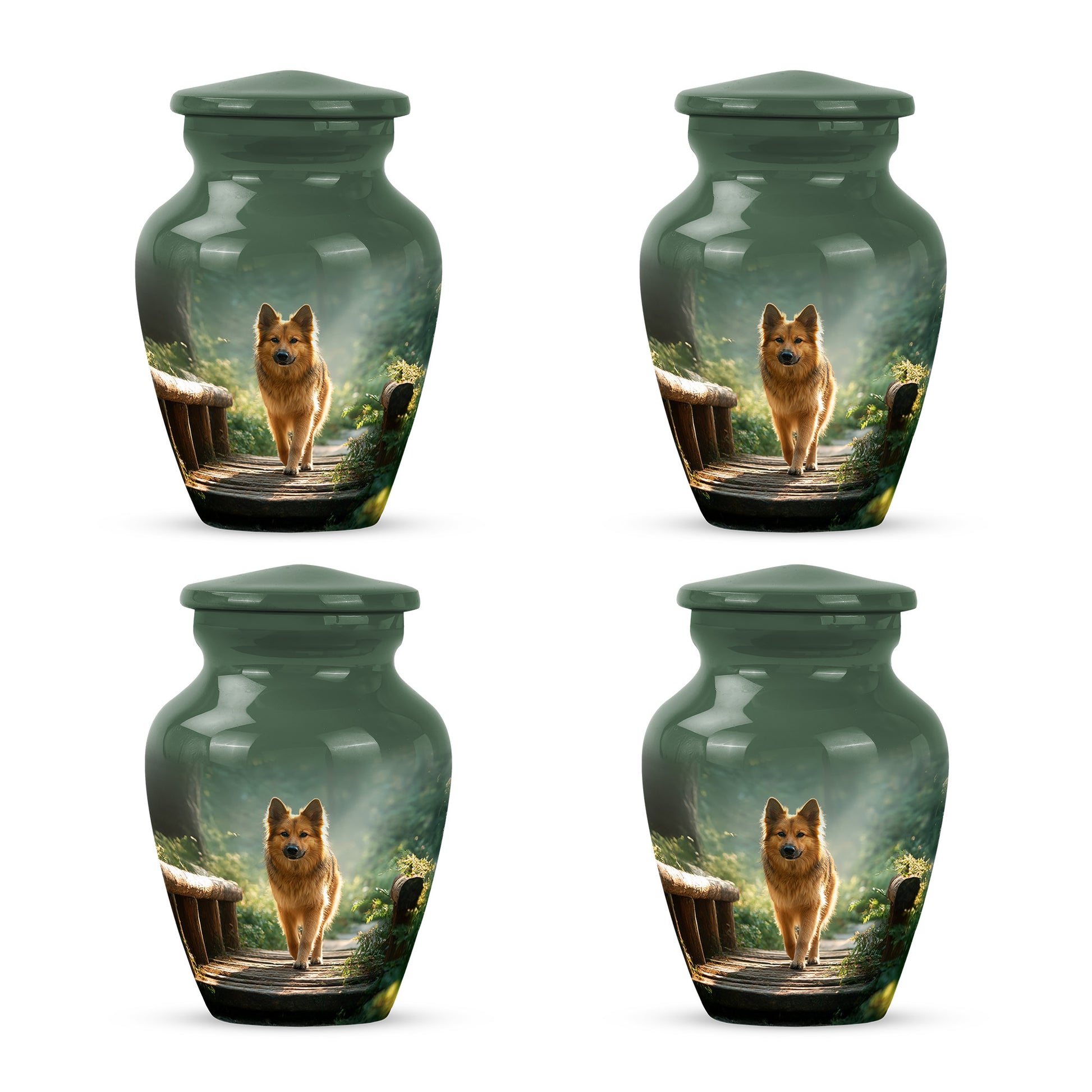 Jade Green Dog Cremation Urn side profile showing urn shape - classic sculpted dog pattern on smooth aluminum - 10 inch aluminum urn for cremated remains