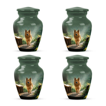 Jade Green Dog Cremation Urn side profile showing urn shape - classic sculpted dog pattern on smooth aluminum - 10 inch aluminum urn for cremated remains