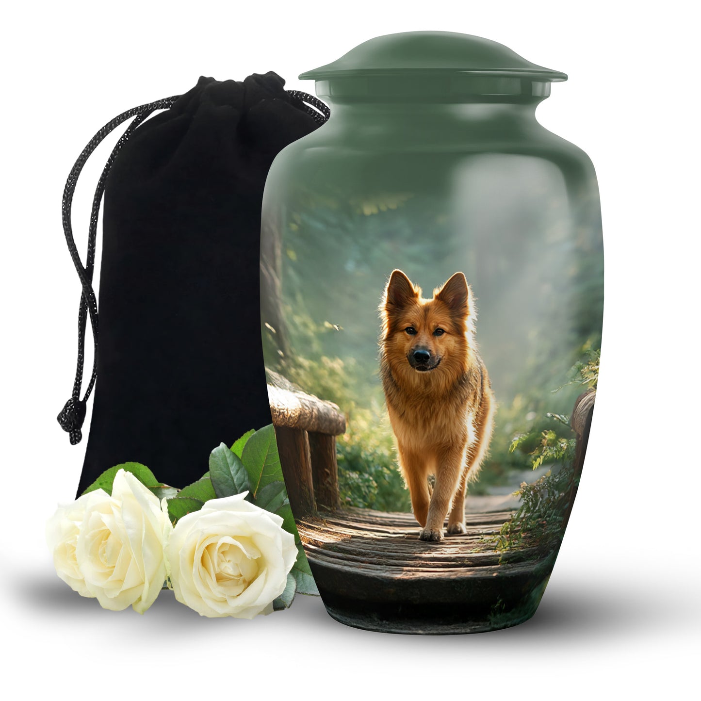 Mint Green Dog Cremation Urn angled view of lid and engraved motif - elegant classic dog relief with fine detailing - full-size 10 inch 200 cubic inch adult cremation urn
