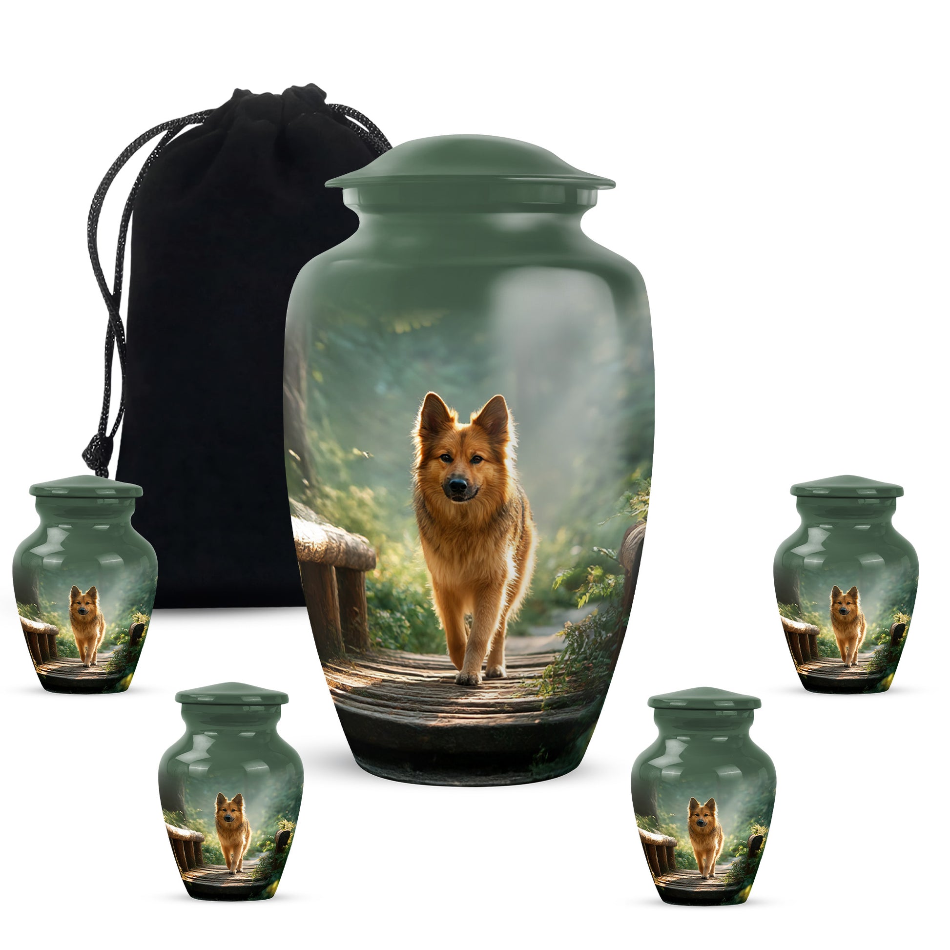 Mint Green Dog Cremation Urn top-down view of secure threaded lid - traditional dog engraving with hand-polished finish - memorial set with one large and four small urns