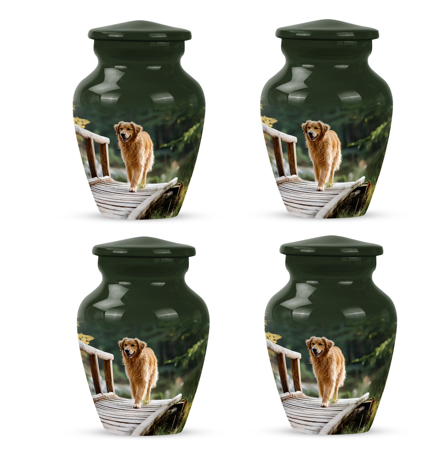 Forest Green Dog Cremation Urn side profile showing urn shape - traditional dog engraving with hand-polished finish - 10 inch aluminum urn for cremated remains