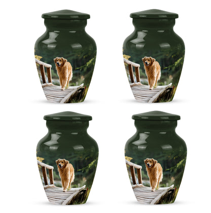 Forest Green Dog Cremation Urn side profile showing urn shape - traditional dog engraving with hand-polished finish - 10 inch aluminum urn for cremated remains