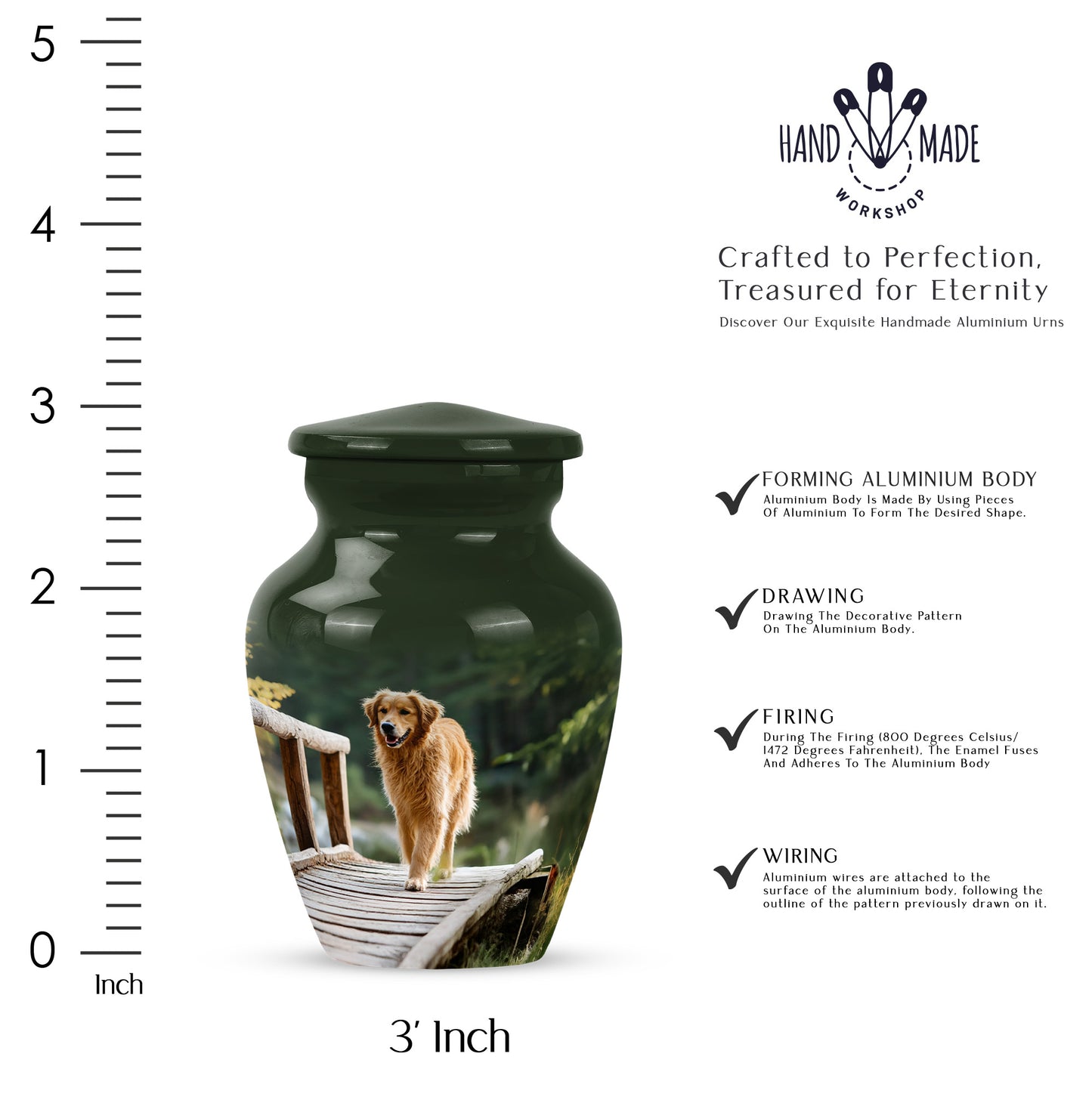 Hunter Green Dog Cremation Urn close-up of engraving and surface detail - elegant classic dog relief with fine detailing - mini keepsake memorial for portion of cremation ashes