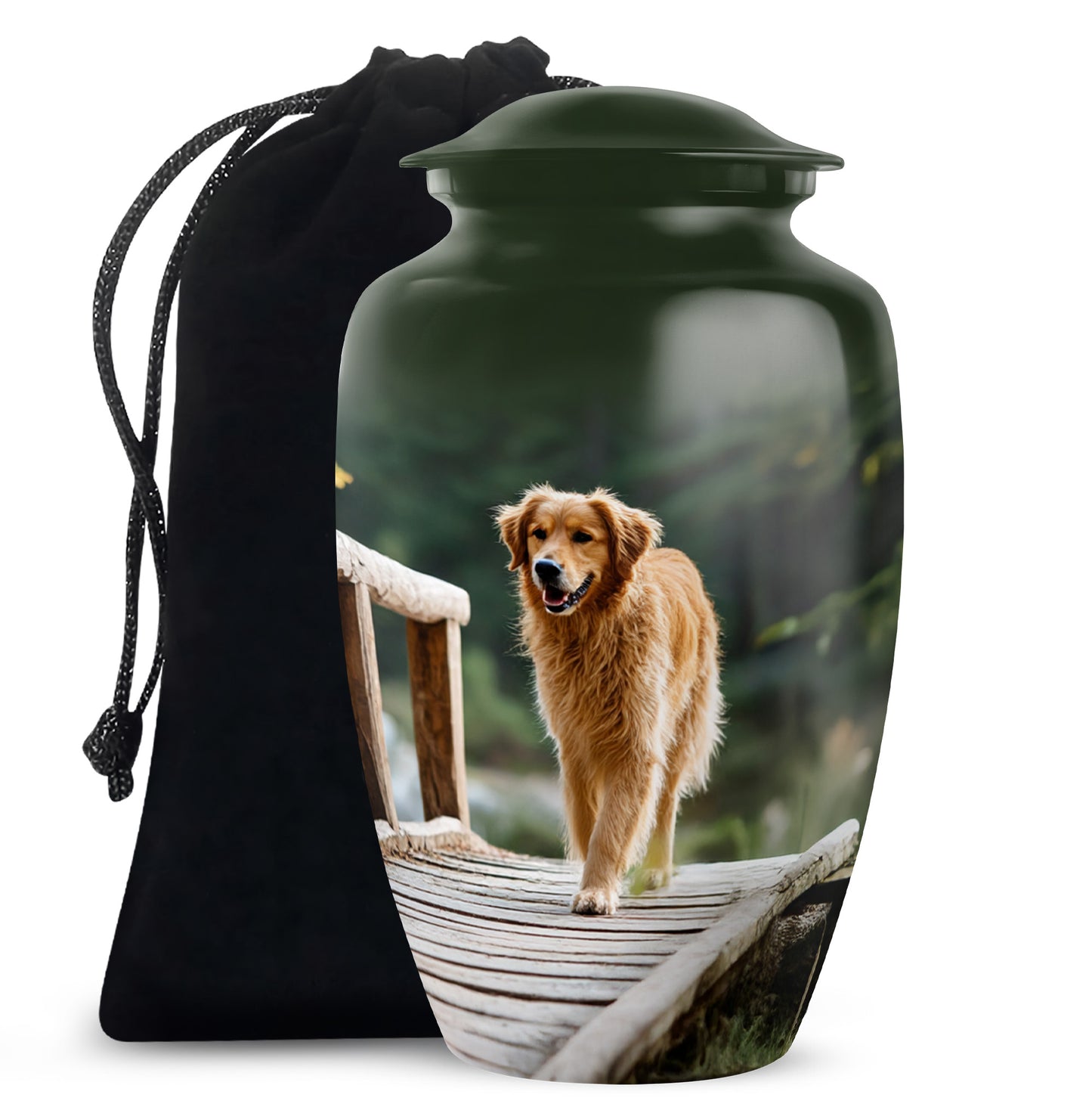 Pine Green Dog Cremation Urn angled view of lid and engraved motif - elegant classic dog relief with fine detailing - full-size 10 inch 200 cubic inch adult cremation urn