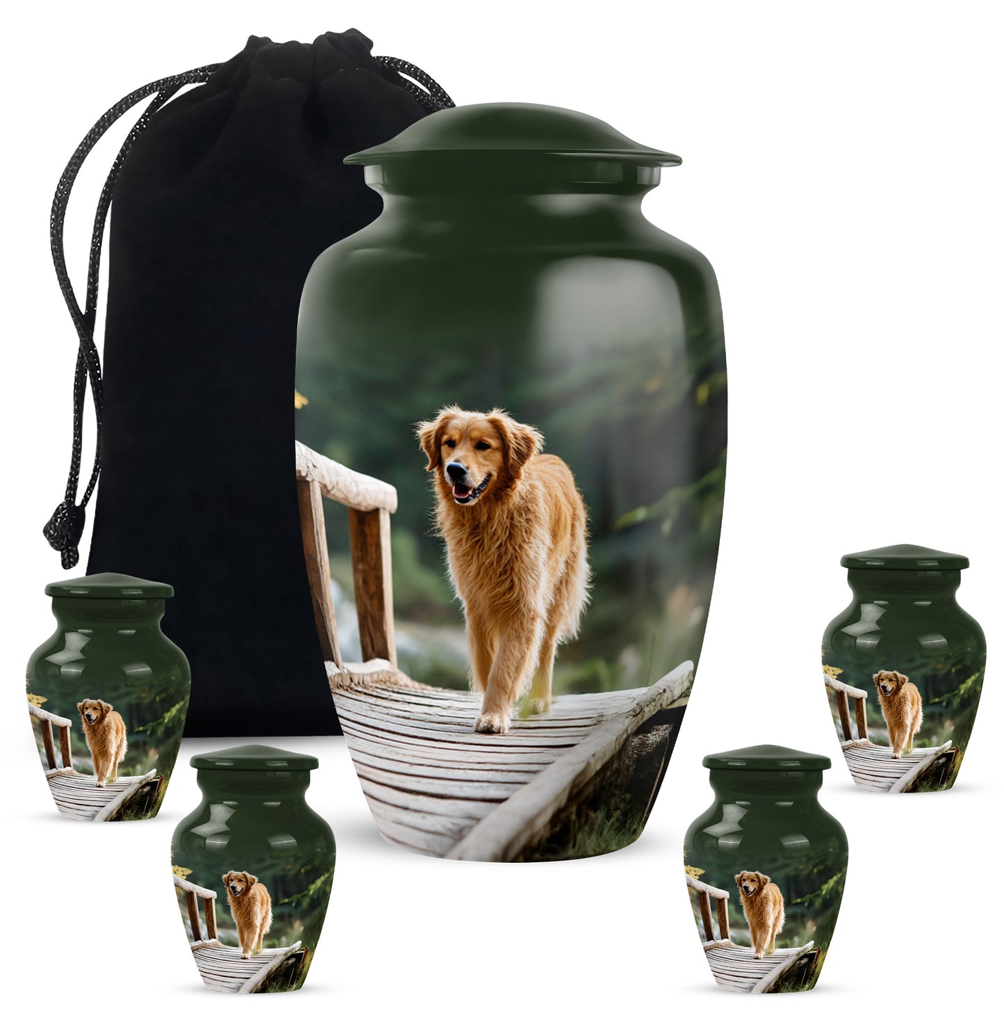 Verdant Green Dog Cremation Urn top-down view of secure threaded lid - timeless dog motif etched into premium metal - memorial set with one large and four small urns