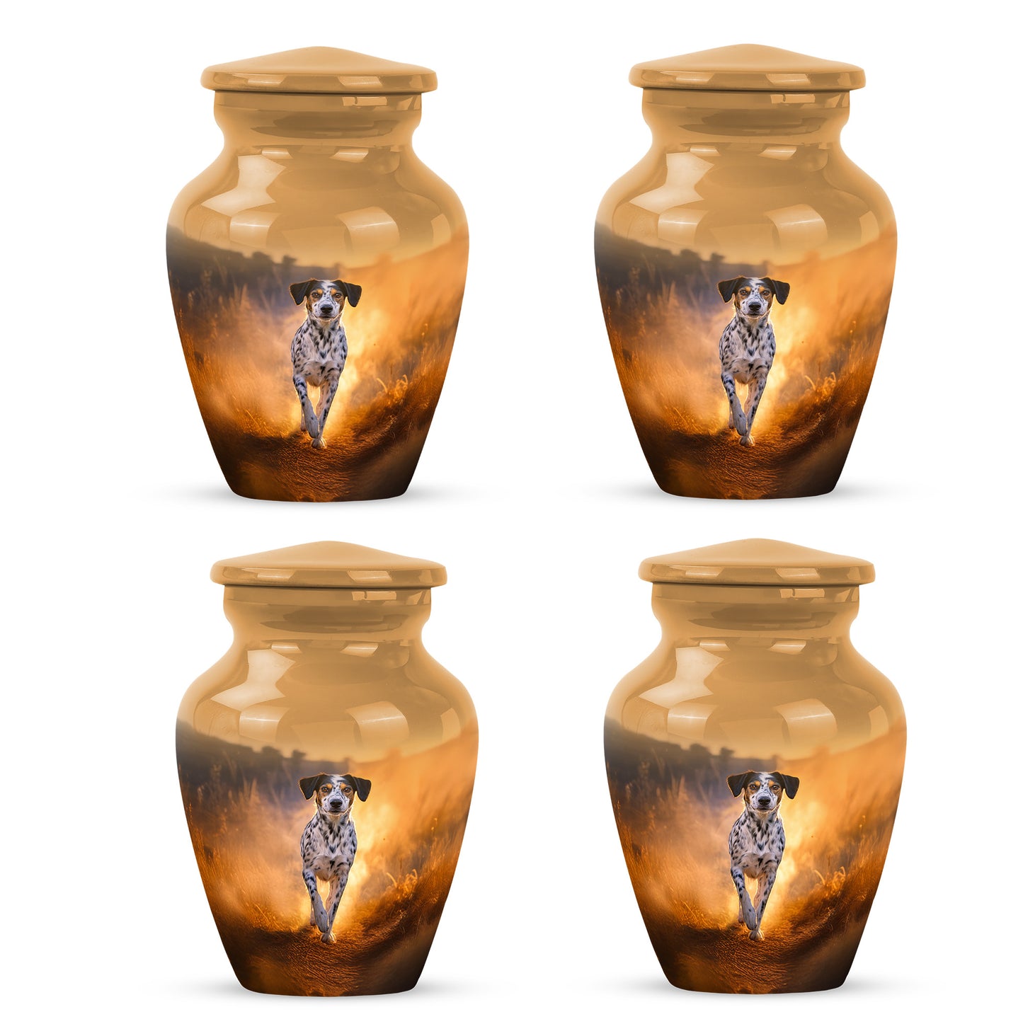 Gilded Gold Dog Cremation Urn side profile showing urn shape - timeless dog motif etched into premium metal - 10 inch aluminum urn for cremated remains