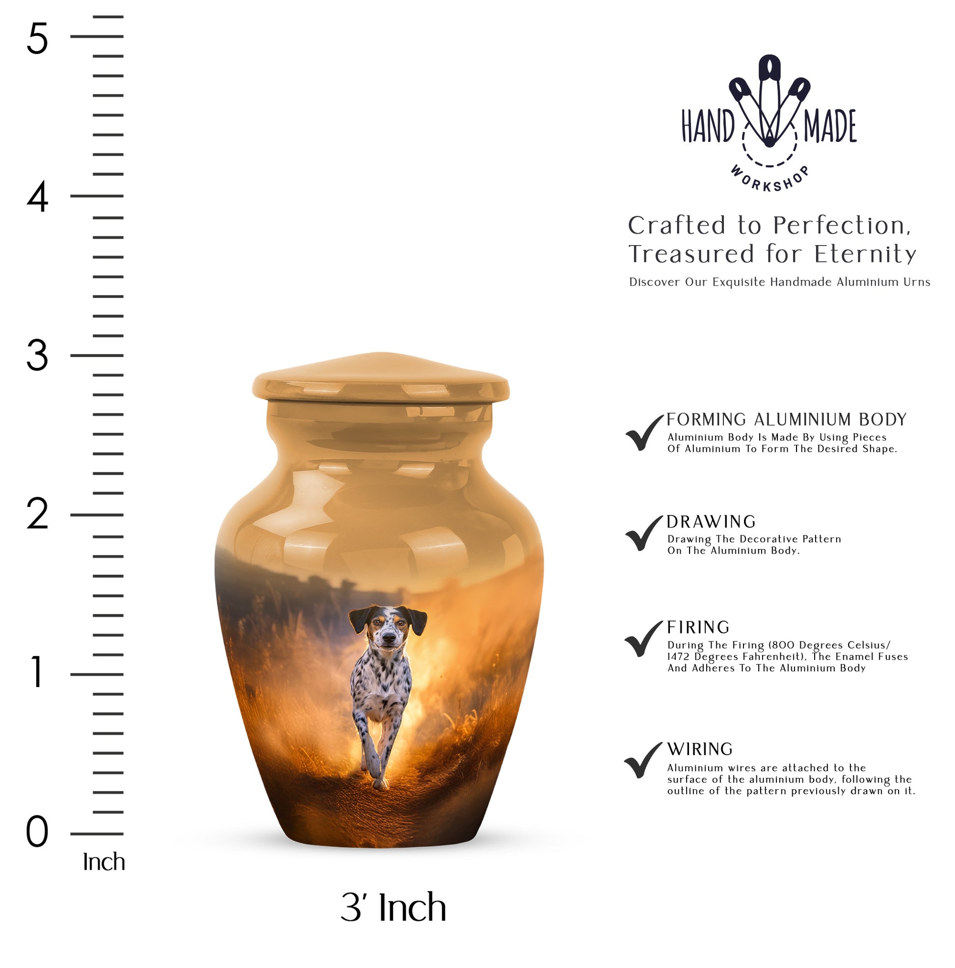 Gilded Gold Dog Cremation Urn close-up of engraving and surface detail - timeless dog motif etched into premium metal - mini keepsake memorial for portion of cremation ashes