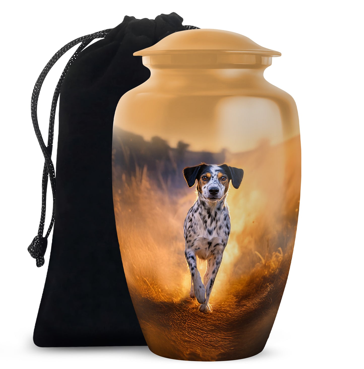 Amber Gold Dog Cremation Urn angled view of lid and engraved motif - timeless dog motif etched into premium metal - full-size 10 inch 200 cubic inch adult cremation urn