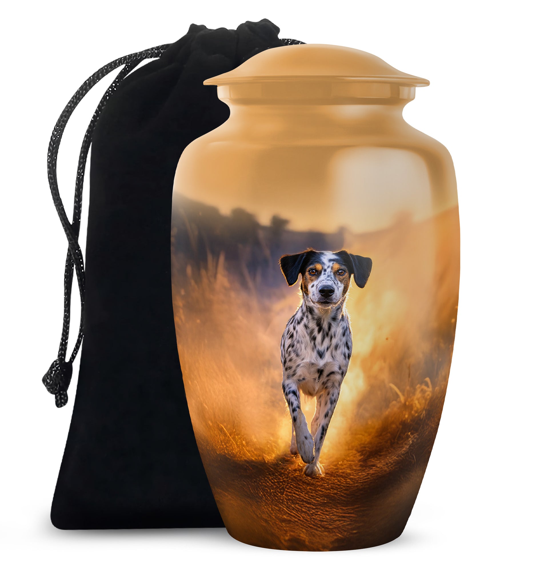 Amber Gold Dog Cremation Urn angled view of lid and engraved motif - timeless dog motif etched into premium metal - full-size 10 inch 200 cubic inch adult cremation urn