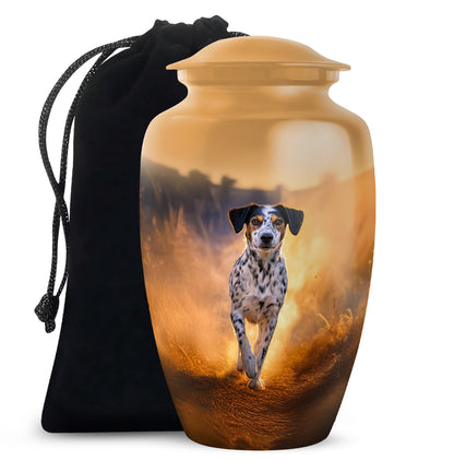 Amber Gold Dog Cremation Urn angled view of lid and engraved motif - timeless dog motif etched into premium metal - full-size 10 inch 200 cubic inch adult cremation urn