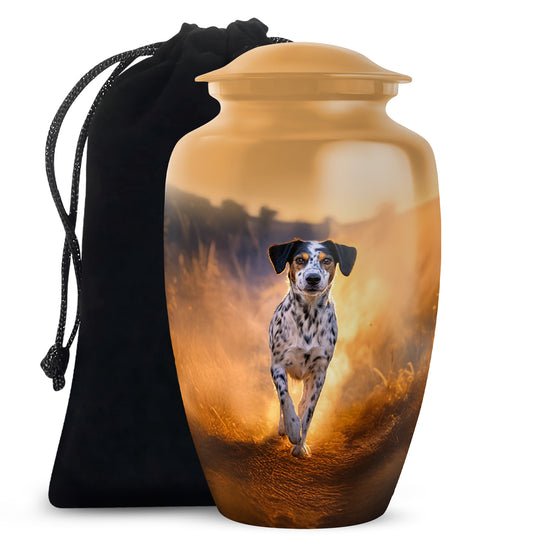 Amber Gold Dog Cremation Urn angled view of lid and engraved motif - timeless dog motif etched into premium metal - full-size 10 inch 200 cubic inch adult cremation urn