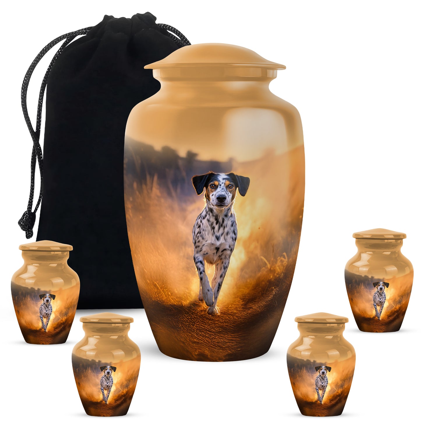 Warm Gold Dog Cremation Urn top-down view of secure threaded lid - elegant classic dog relief with fine detailing - memorial set with one large and four small urns