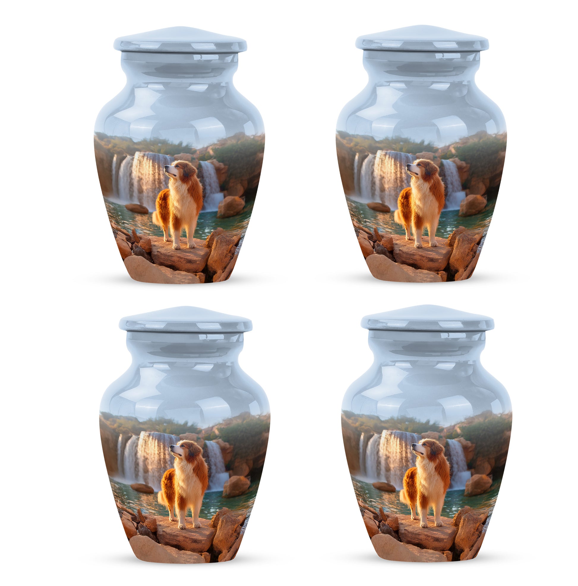 Sapphire Blue Dog Cremation Urn side profile showing urn shape - elegant classic dog relief with fine detailing - 10 inch aluminum urn for cremated remains