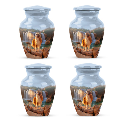 Sapphire Blue Dog Cremation Urn side profile showing urn shape - elegant classic dog relief with fine detailing - 10 inch aluminum urn for cremated remains
