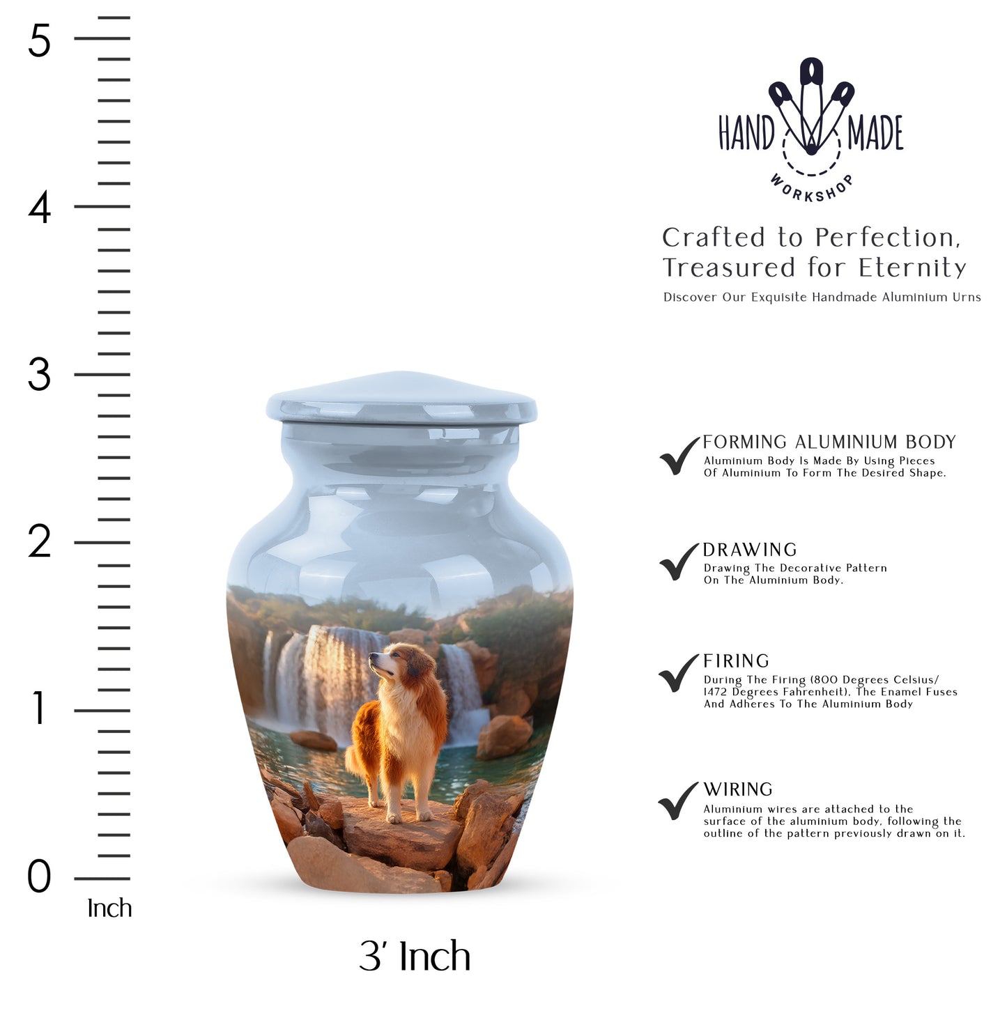Sapphire Blue Dog Cremation Urn close-up of engraving and surface detail - traditional dog engraving with hand-polished finish - mini keepsake memorial for portion of cremation ashes