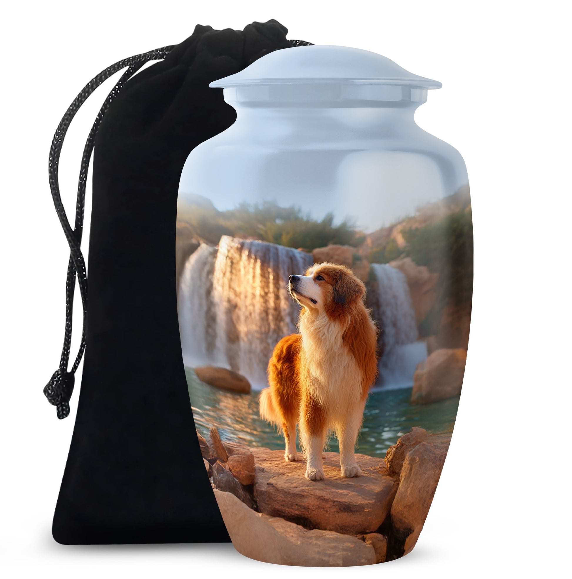 Icy Blue Dog Cremation Urn angled view of lid and engraved motif - classic sculpted dog pattern on smooth aluminum - full-size 10 inch 200 cubic inch adult cremation urn