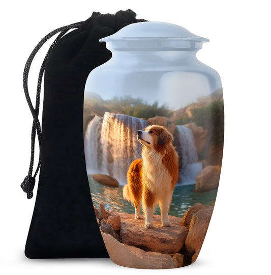 Icy Blue Dog Cremation Urn angled view of lid and engraved motif - classic sculpted dog pattern on smooth aluminum - full-size 10 inch 200 cubic inch adult cremation urn
