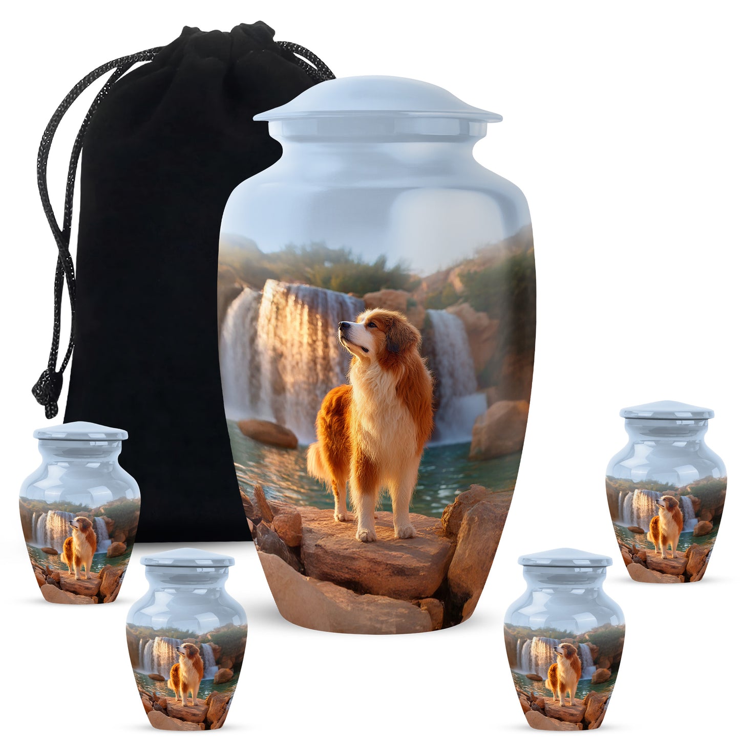Cornflower Blue Dog Cremation Urn top-down view of secure threaded lid - elegant classic dog relief with fine detailing - memorial set with one large and four small urns