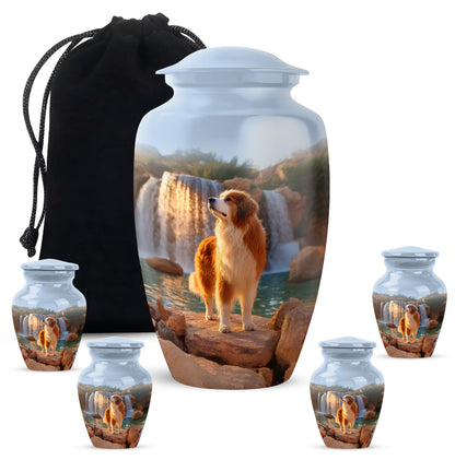 Cornflower Blue Dog Cremation Urn top-down view of secure threaded lid - elegant classic dog relief with fine detailing - memorial set with one large and four small urns