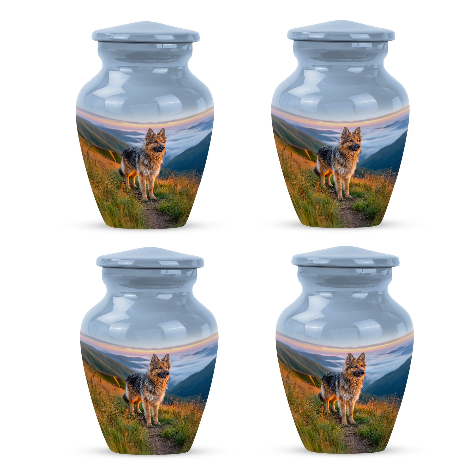 Serene Blue Dog Cremation Urn side profile showing urn shape - traditional dog engraving with hand-polished finish - 10 inch aluminum urn for cremated remains