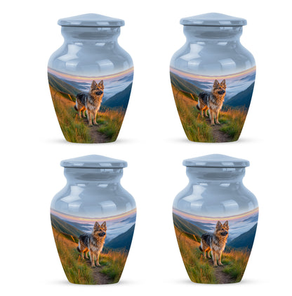 Serene Blue Dog Cremation Urn side profile showing urn shape - traditional dog engraving with hand-polished finish - 10 inch aluminum urn for cremated remains
