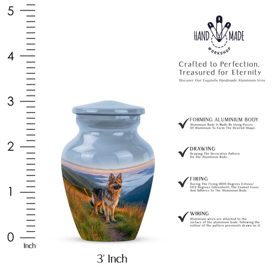 Dusty Blue Dog Cremation Urn close-up of engraving and surface detail - classic sculpted dog pattern on smooth aluminum - mini keepsake memorial for portion of cremation ashes