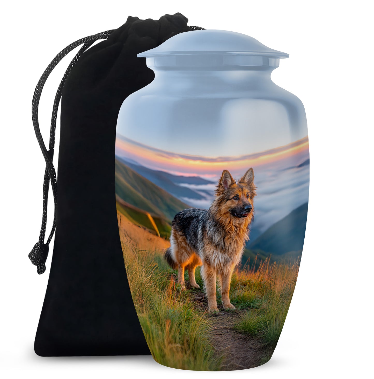 Calming Blue Dog Cremation Urn angled view of lid and engraved motif - elegant classic dog relief with fine detailing - full-size 10 inch 200 cubic inch adult cremation urn