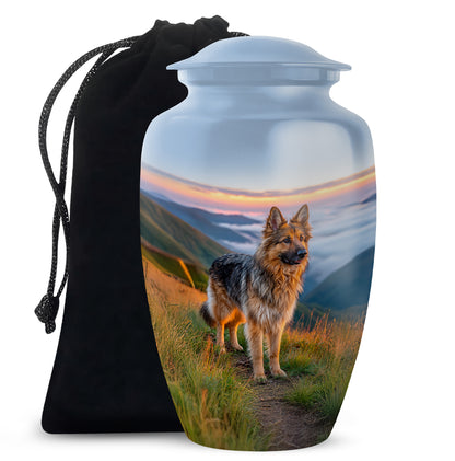 Calming Blue Dog Cremation Urn angled view of lid and engraved motif - elegant classic dog relief with fine detailing - full-size 10 inch 200 cubic inch adult cremation urn
