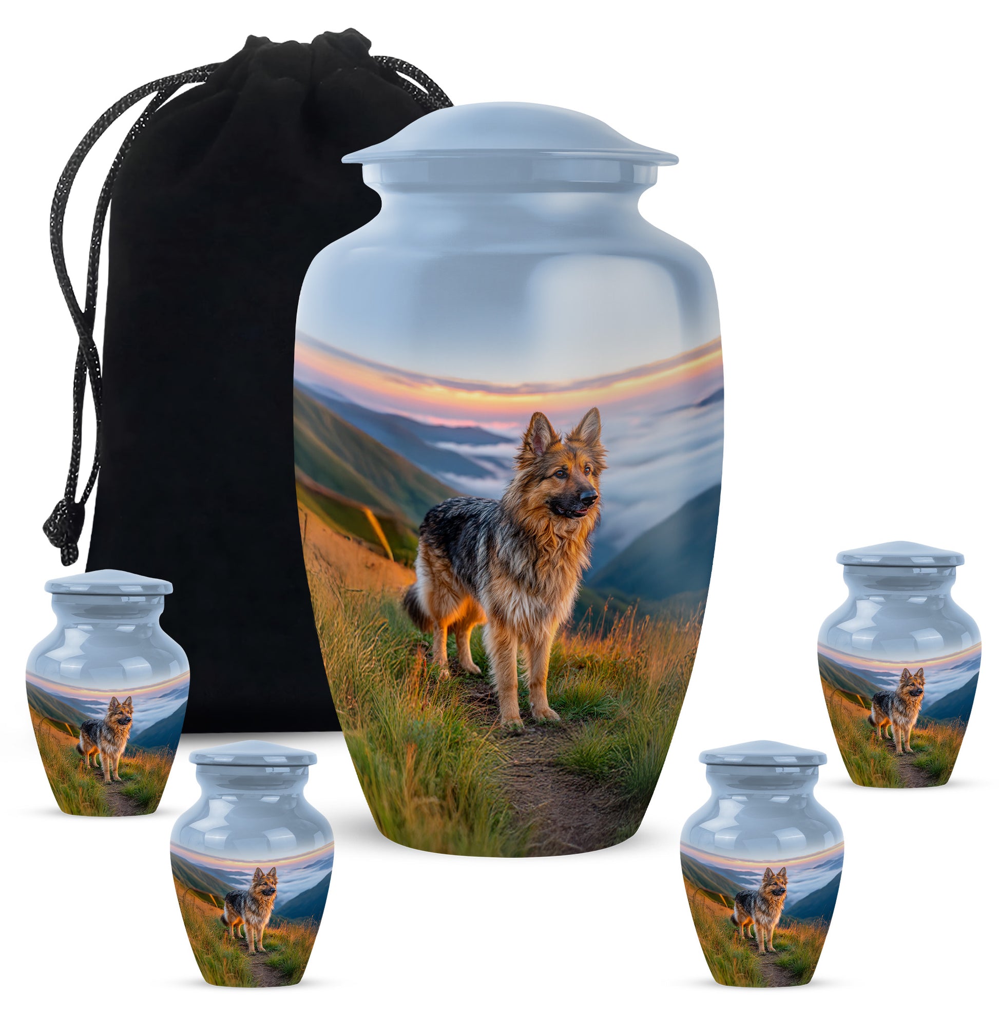 Soft Blue Dog Cremation Urn top-down view of secure threaded lid - traditional dog engraving with hand-polished finish - memorial set with one large and four small urns