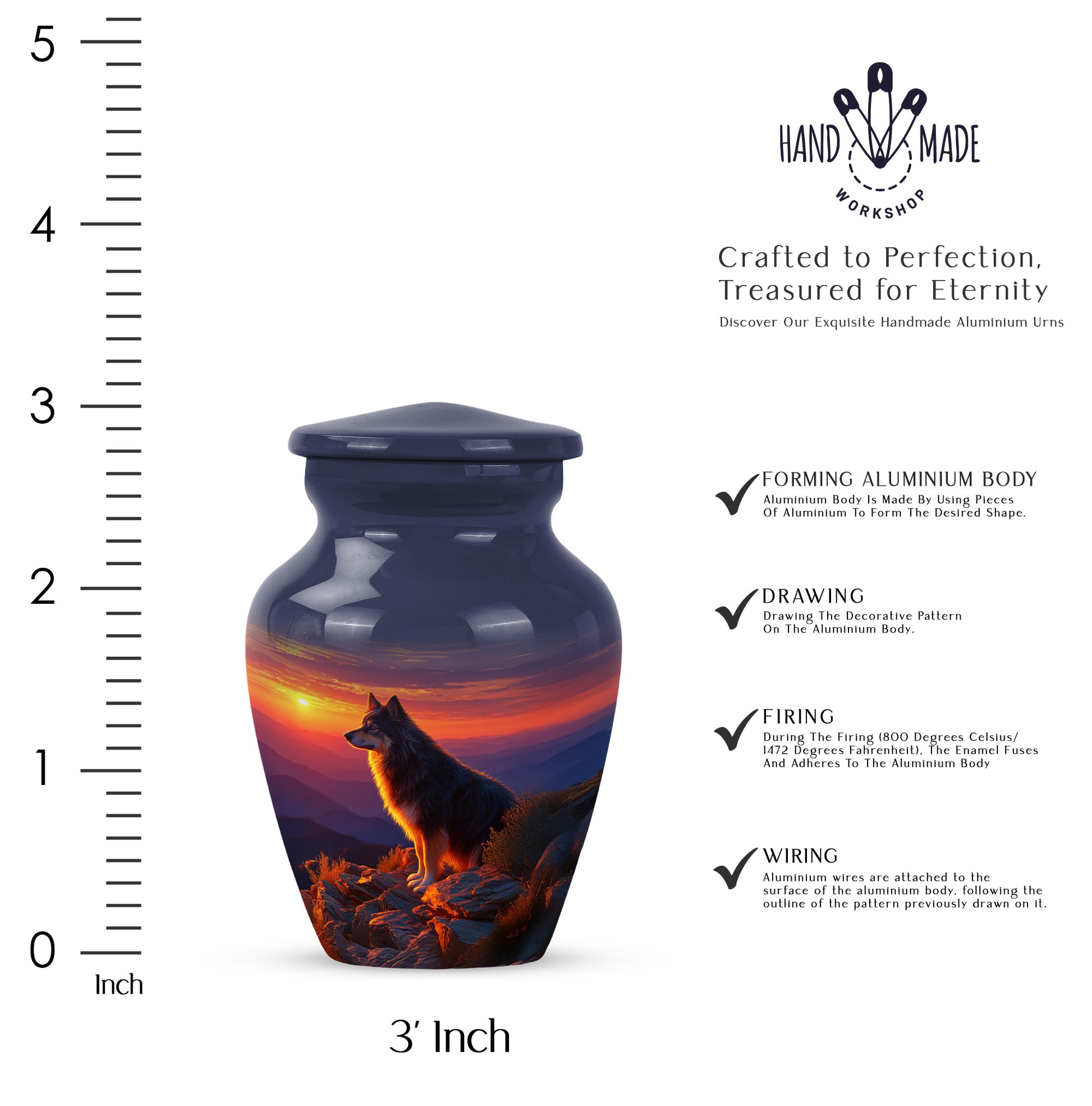 Royal Blue Dog Cremation Urn close-up of engraving and surface detail - traditional dog engraving with hand-polished finish - mini keepsake memorial for portion of cremation ashes