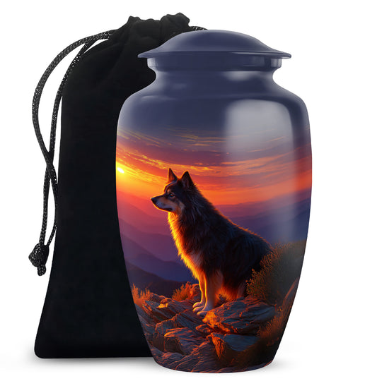 Calming Blue Dog Cremation Urn angled view of lid and engraved motif - traditional dog engraving with hand-polished finish - full-size 10 inch 200 cubic inch adult cremation urn