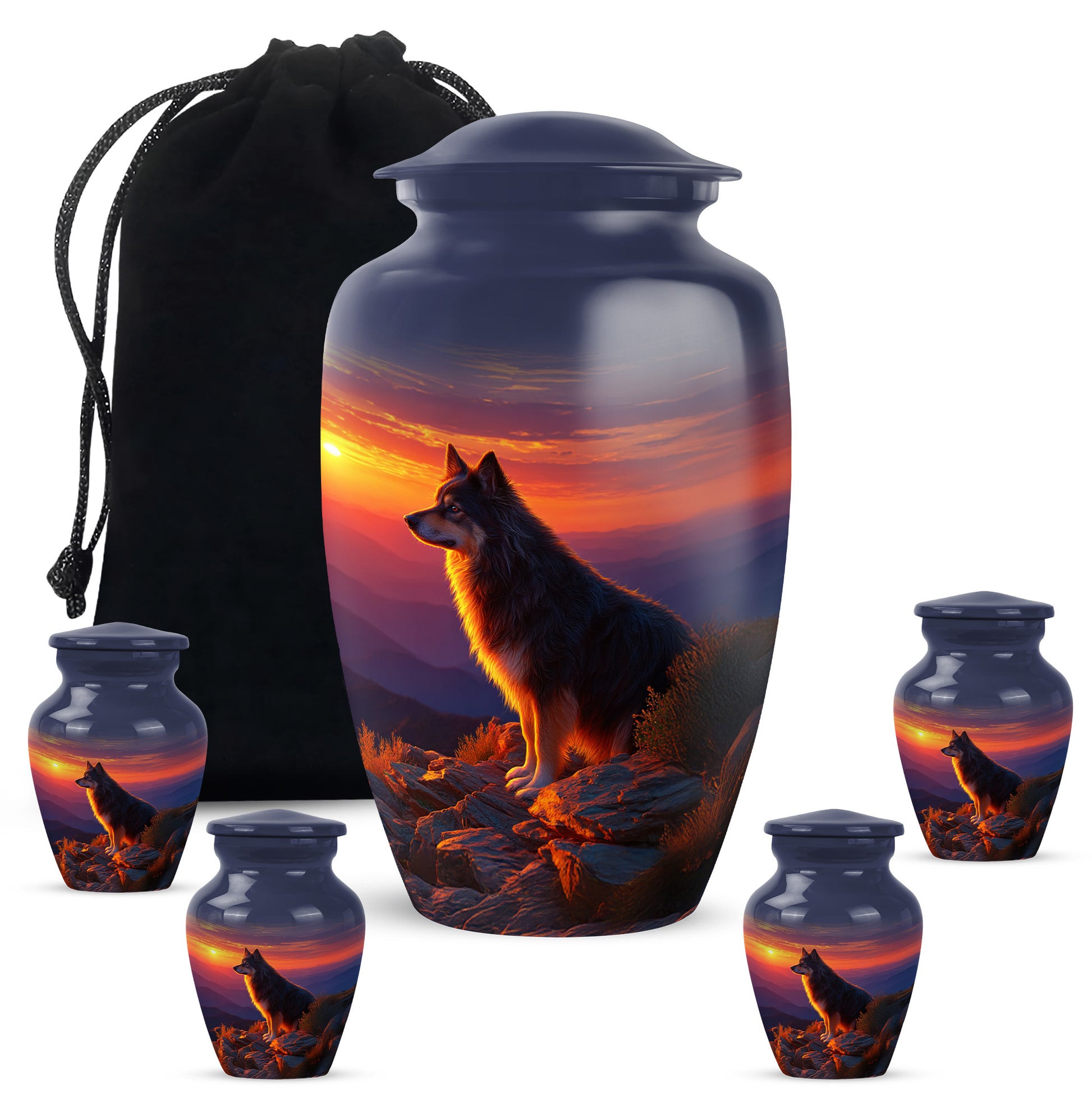 Twilight Blue Dog Cremation Urn top-down view of secure threaded lid - traditional dog engraving with hand-polished finish - memorial set with one large and four small urns