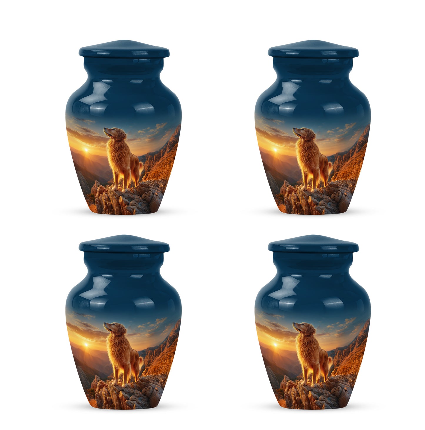Serene Blue Dog Cremation Urn side profile showing urn shape - elegant classic dog relief with fine detailing - 10 inch aluminum urn for cremated remains