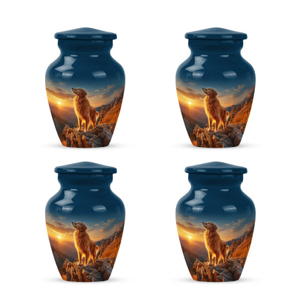 Serene Blue Dog Cremation Urn side profile showing urn shape - elegant classic dog relief with fine detailing - 10 inch aluminum urn for cremated remains