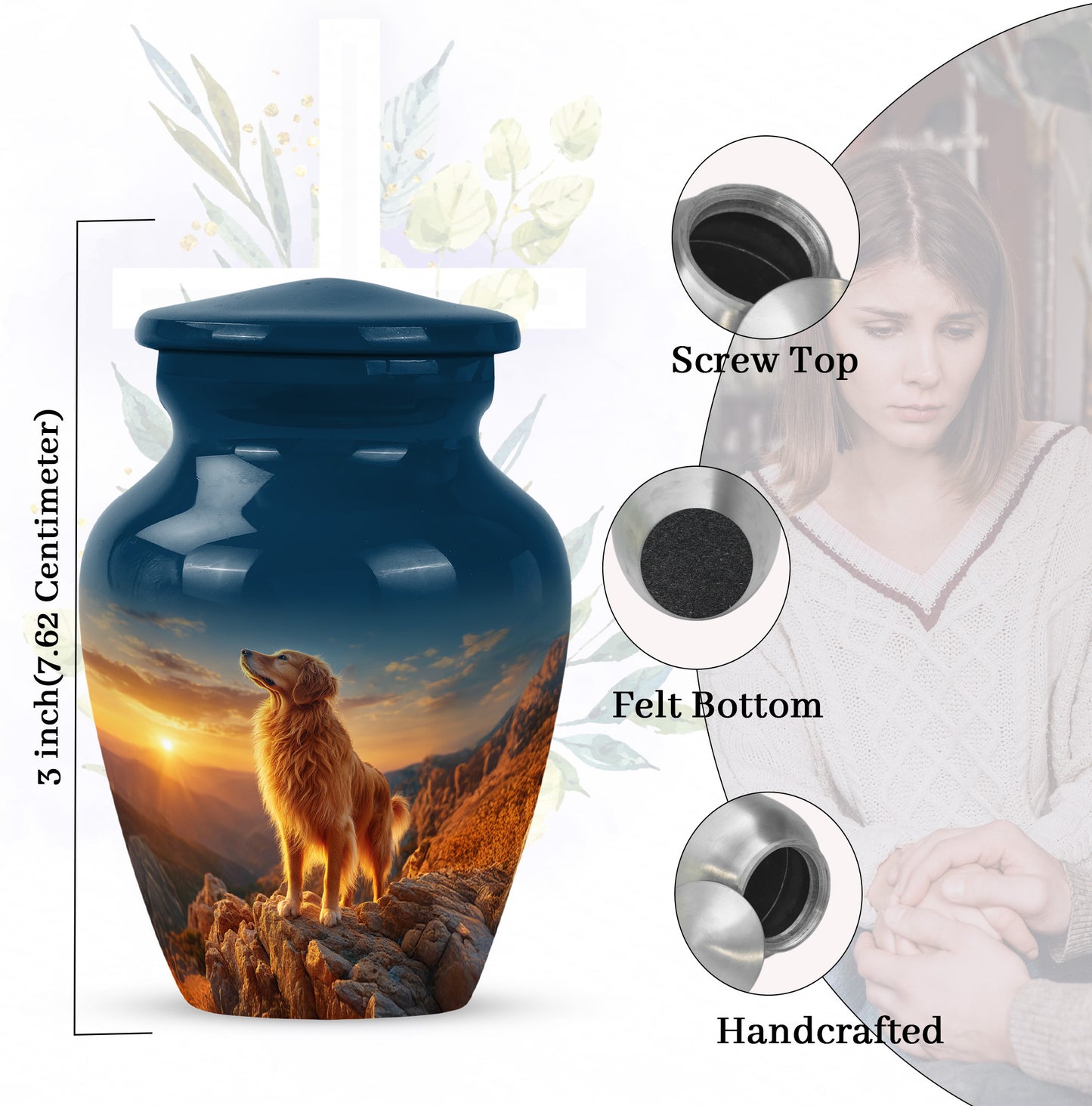 Soft Blue Dog Cremation Urn close-up of engraving and surface detail - traditional dog engraving with hand-polished finish - mini keepsake memorial for portion of cremation ashes