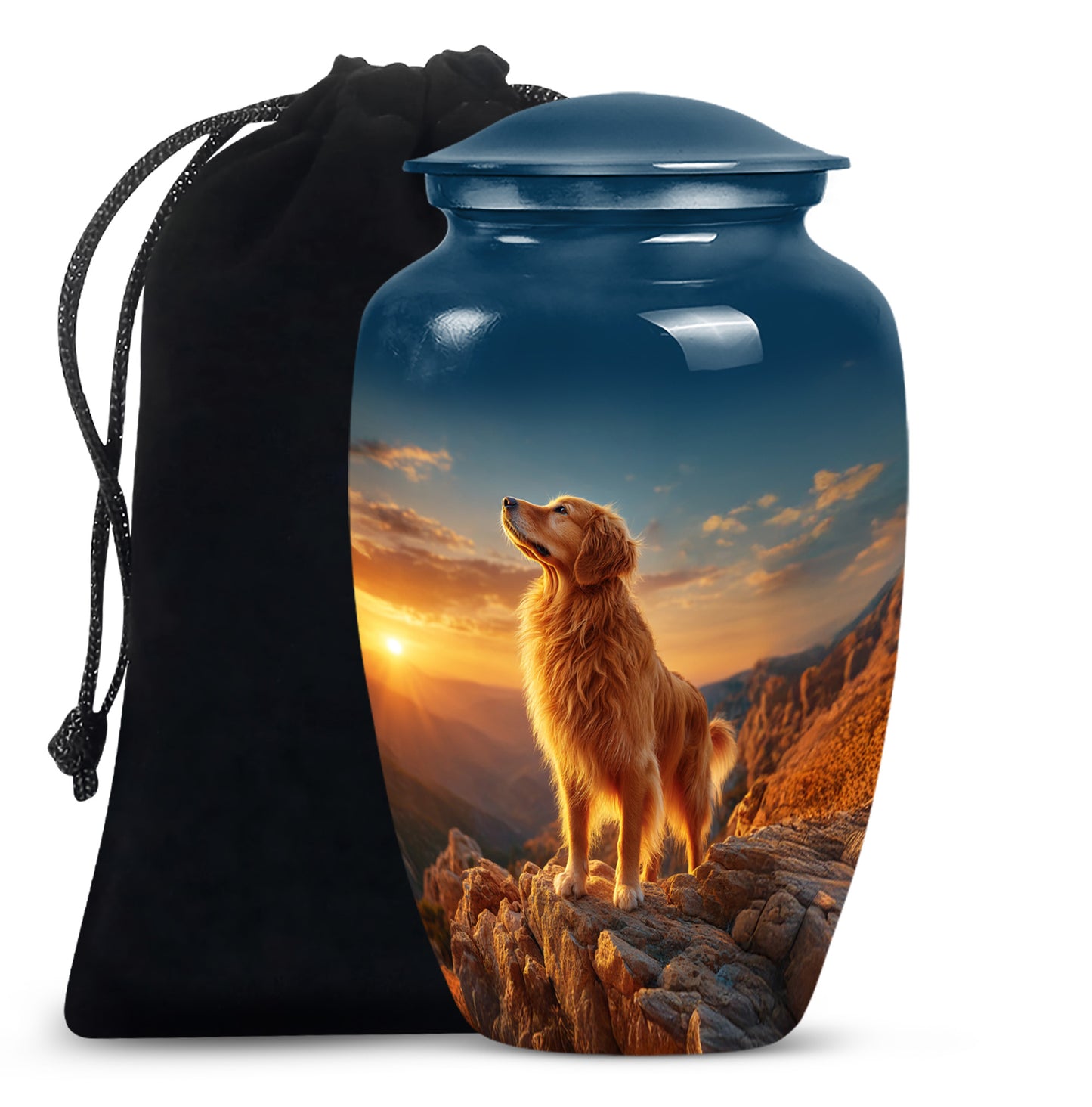 Pastel Blue Dog Cremation Urn angled view of lid and engraved motif - classic sculpted dog pattern on smooth aluminum - full-size 10 inch 200 cubic inch adult cremation urn