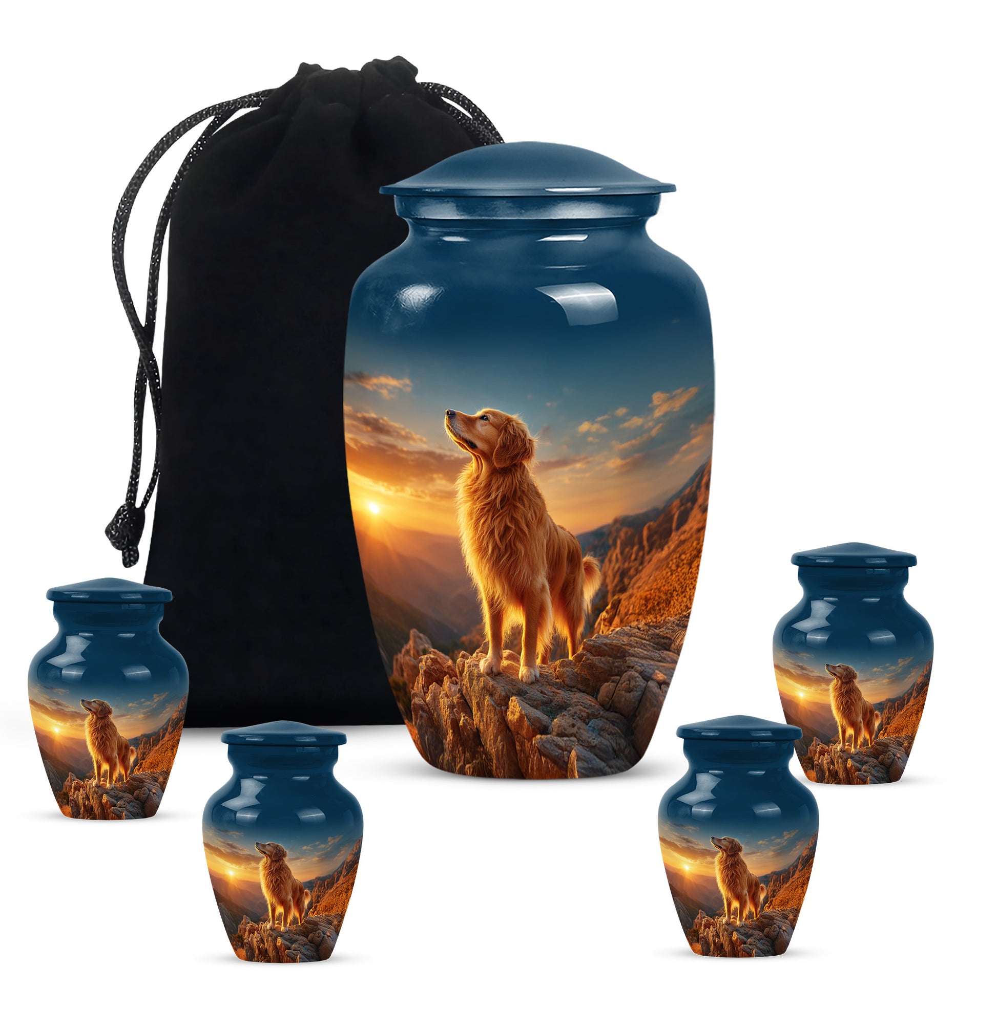 Misty Blue Dog Cremation Urn top-down view of secure threaded lid - classic sculpted dog pattern on smooth aluminum - memorial set with one large and four small urns