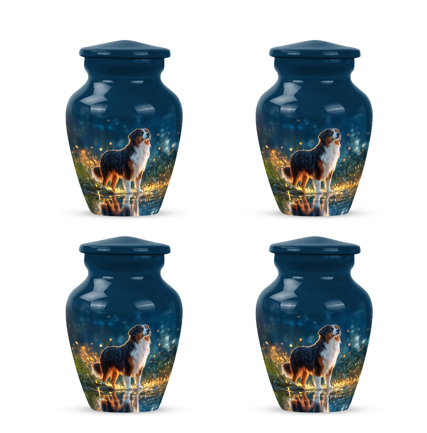 Calming Blue Dog Cremation Urn side profile showing urn shape - traditional dog engraving with hand-polished finish - 10 inch aluminum urn for cremated remains