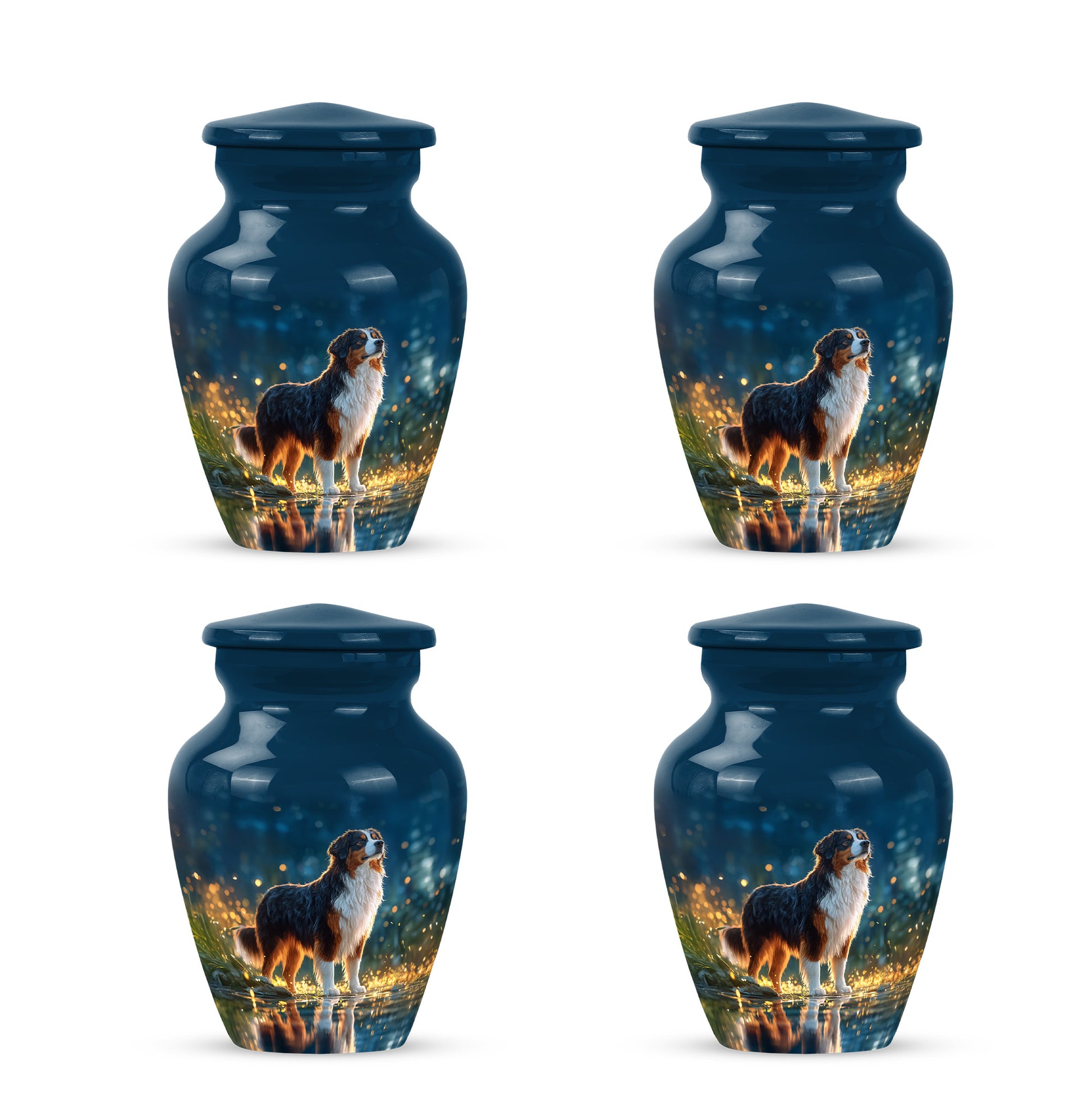 Calming Blue Dog Cremation Urn side profile showing urn shape - traditional dog engraving with hand-polished finish - 10 inch aluminum urn for cremated remains