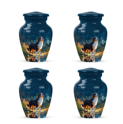 Calming Blue Dog Cremation Urn side profile showing urn shape - traditional dog engraving with hand-polished finish - 10 inch aluminum urn for cremated remains