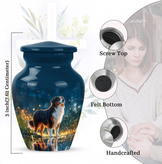 Navy Blue Dog Cremation Urn close-up of engraving and surface detail - timeless dog motif etched into premium metal - mini keepsake memorial for portion of cremation ashes